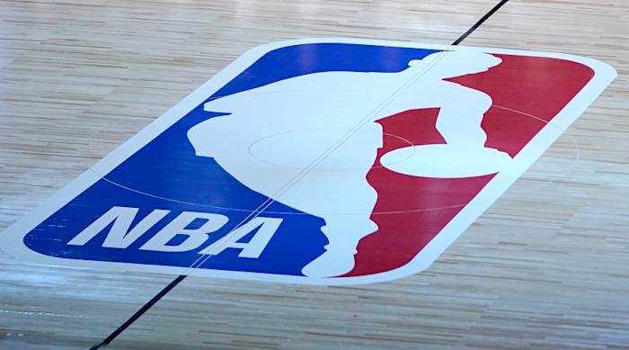 A general view of the NBA logo at center court inside the Orlando bubble at the Walt Disney World Resort campus.